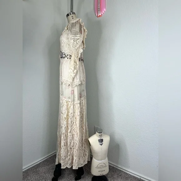 LoveShackFancy Ibis Beaded Ruffle V Plunge Lace Overlay Dress in Magnolia Tea - Picture 5 of 16